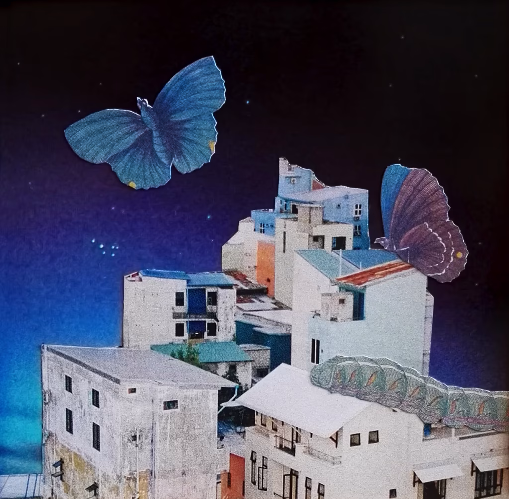 Collage of oversized butterflies on stacked buildings in front of a night sky