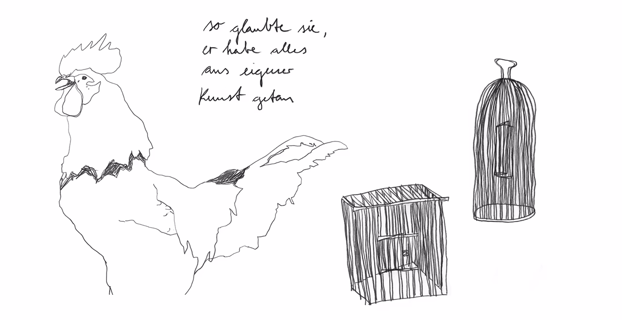 Drawing of a rooster and some cages with  some handwriting on top