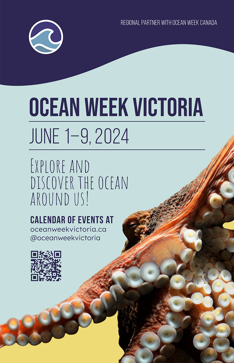 Poster Ocean Week Victoria, Jun 1–9 2024, Explore and discover the ocean around us! Octopus photo